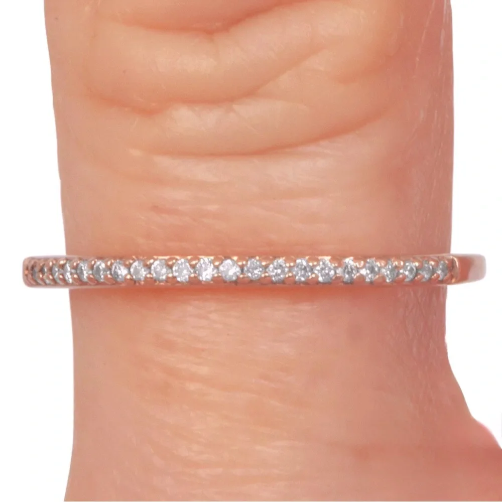 Diamond 10K Rose Gold Half Eternity Stacking Thin Band Ring - Picture 2 of 9
